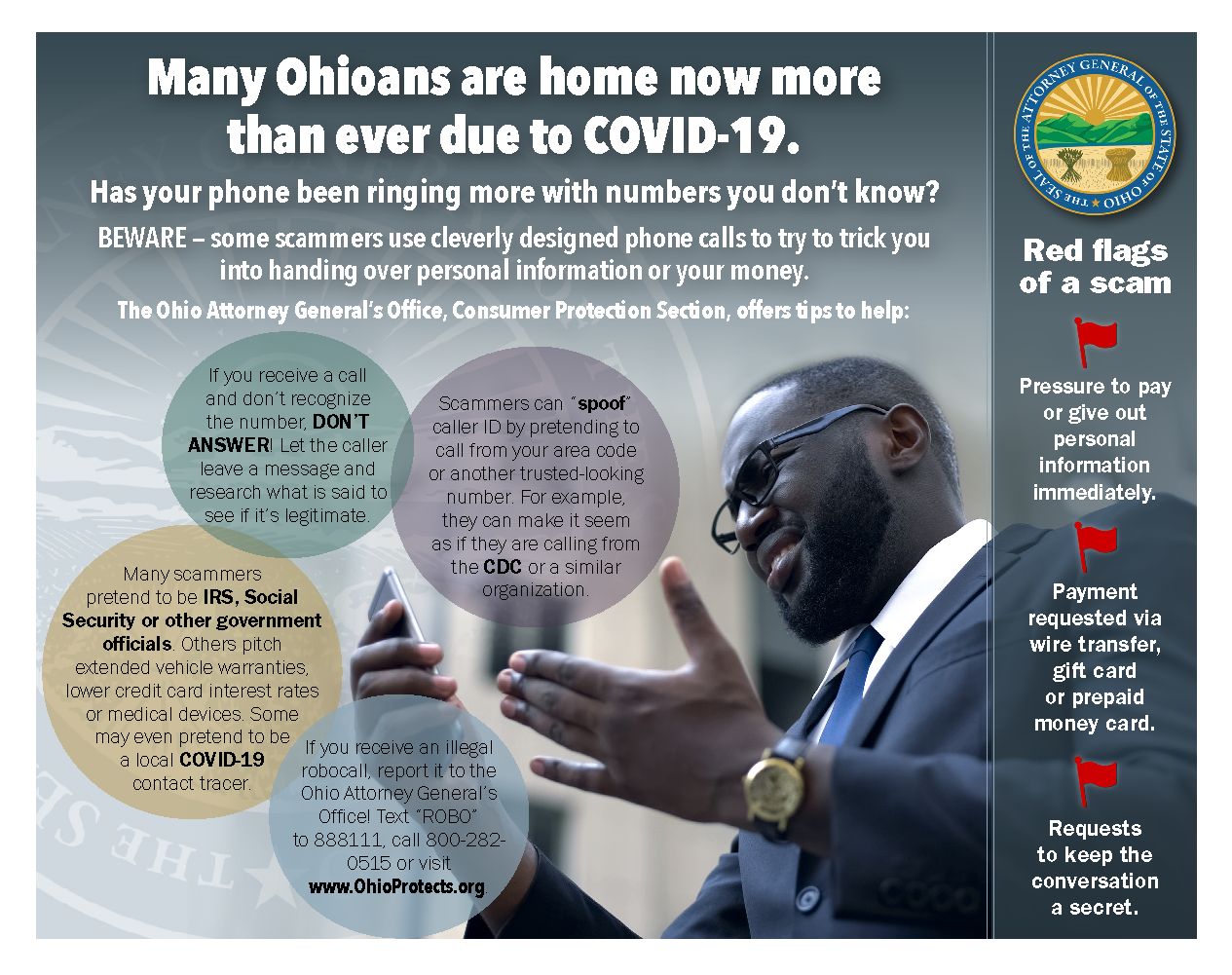 Public-information flyer warning consumers to beware of phone-call scams during COVID-19.