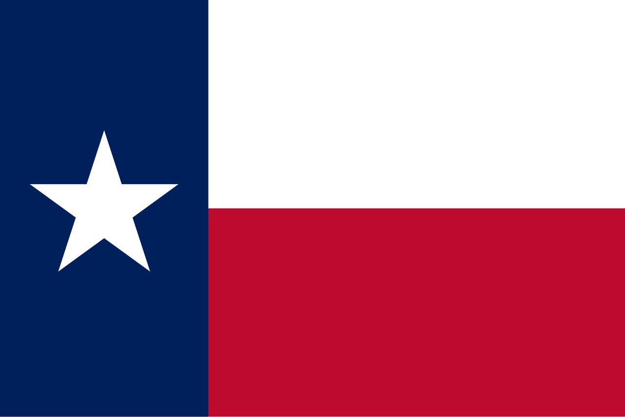 The Lone Star Flag of Texas — single white five-pointed star on a vertical blue band, with horizontal white and red stripes.